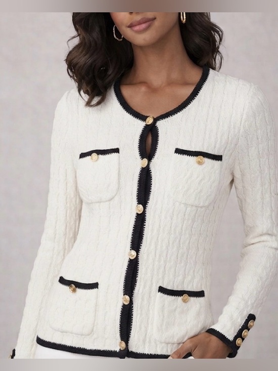 Trina Turk Sweaters - NWT Trina Turk Vermouth 4 Pocket Cardigan Gold Buttons White Blue Sweater M